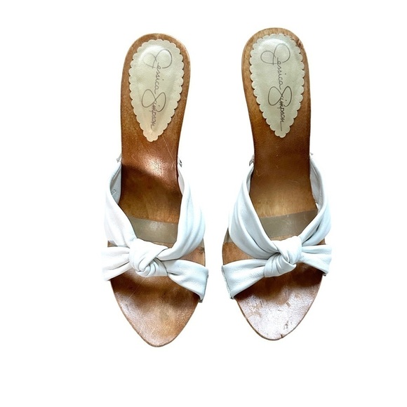 ✂️ SPRING SWEEP SALE Jessica Simpson White Leather Knot Platform Wedge Sandals 8 - Picture 5 of 9